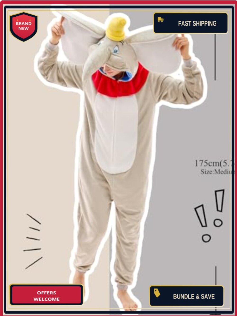 Unisex Adult Elephant Onesie Pajama Halloween Costume Fleece Sleepwear - Picture 3 of 6